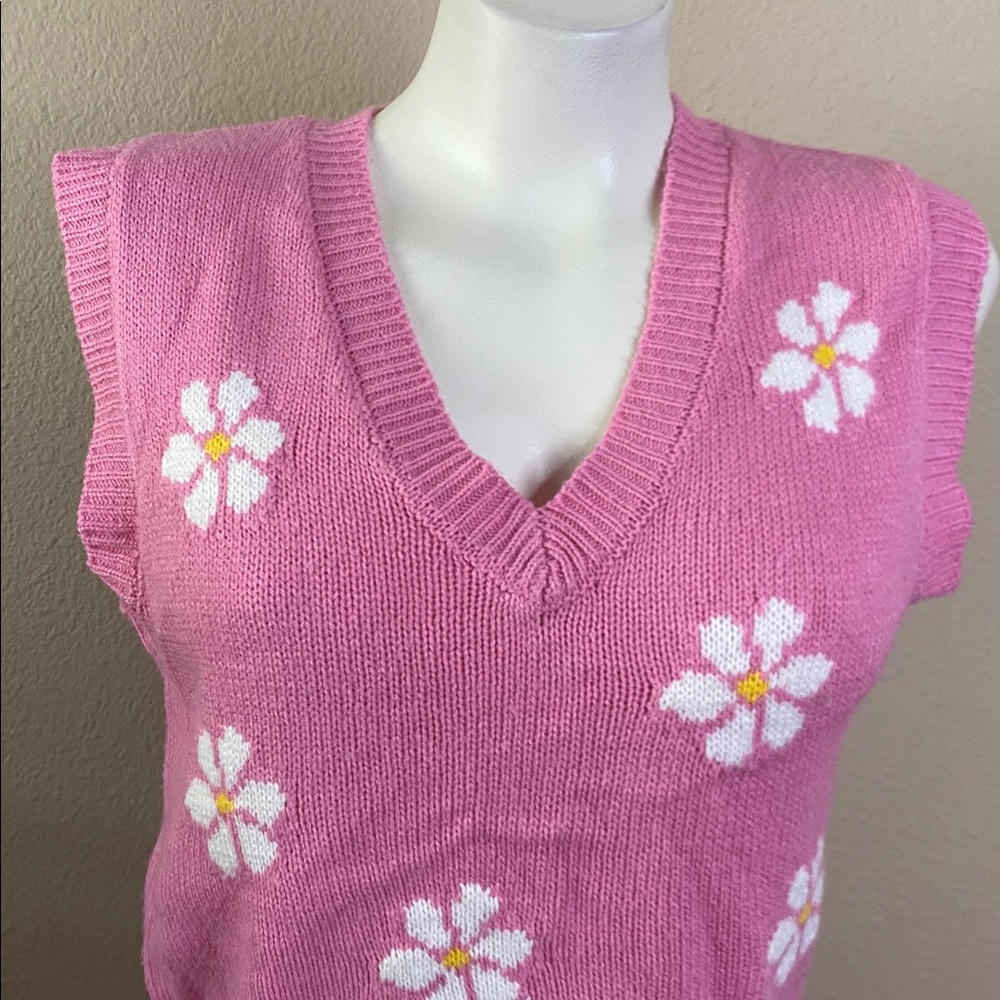 Just Polly pink flower retro crop sweater vest super cool Y2K size M🌸🌸